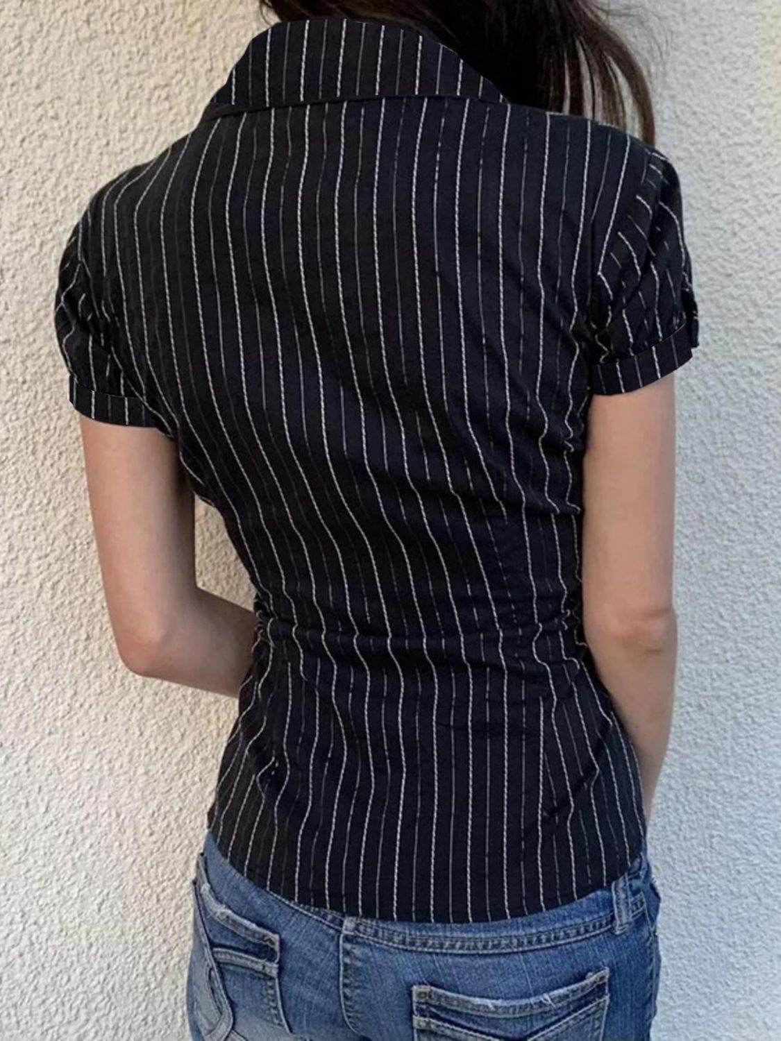 Devine Button Down Striped Collared Neck Short Sleeve Shirt - Hovatok