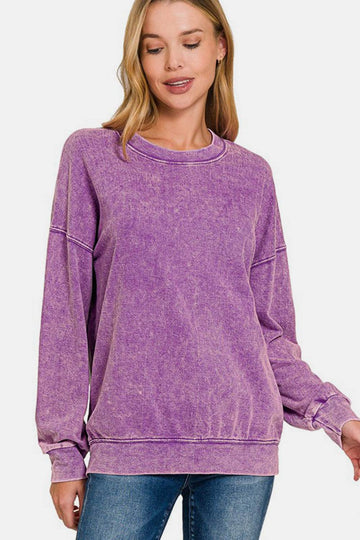 Zenana Washed Round Neck Dropped Shoulder Sweatshirt - Hovatok