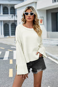 High-Low Slit Round Neck Long Sleeve Sweater - Hovatok