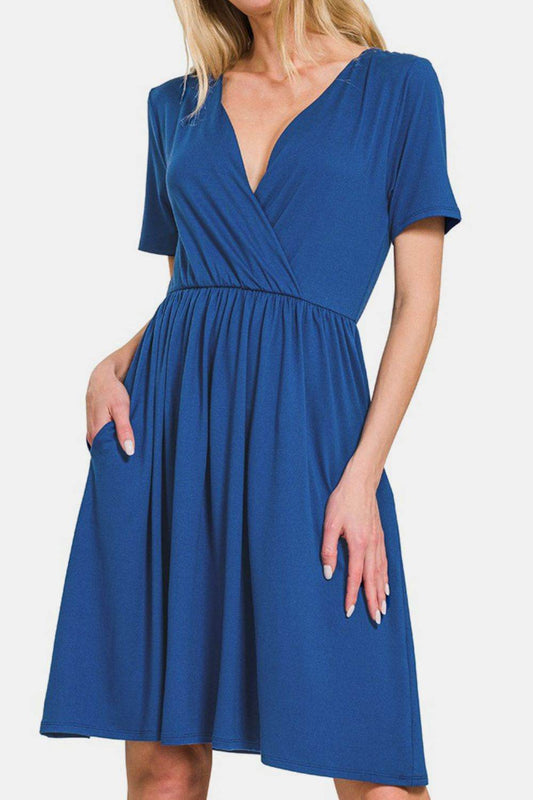 Zenana Surplice Short Sleeve Brushed DTY Dress - Hovatok