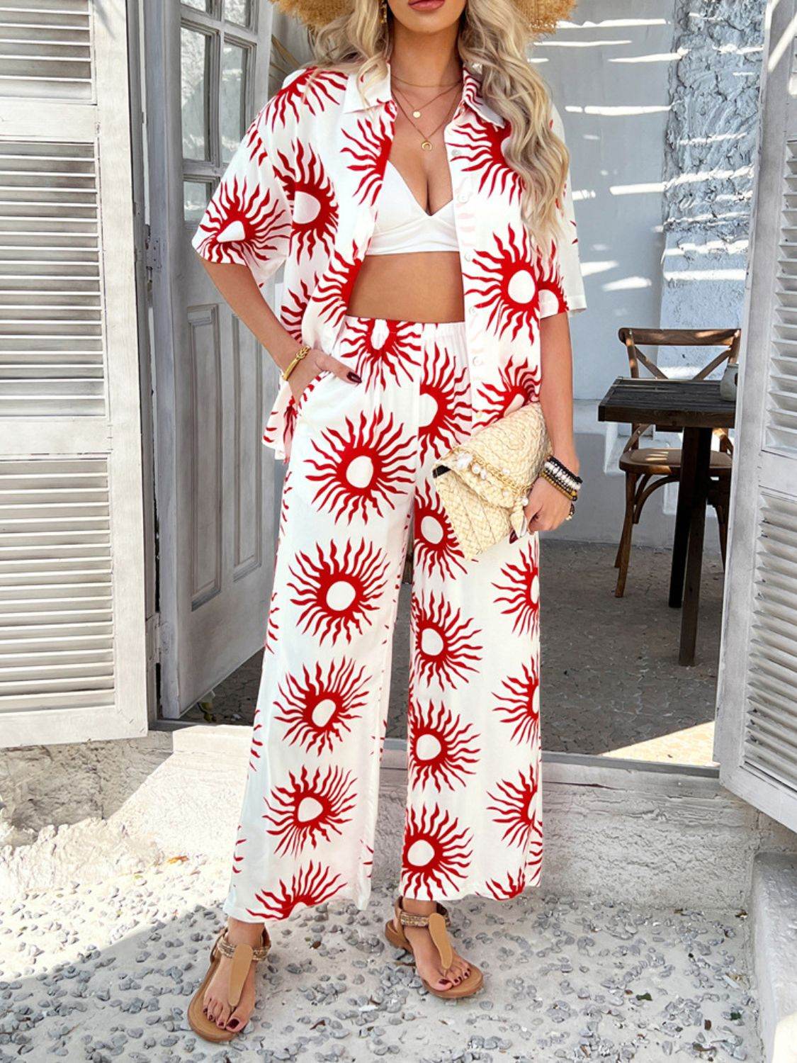 Devine Printed Collared Neck Half Sleeve Top and Pants Set - Hovatok