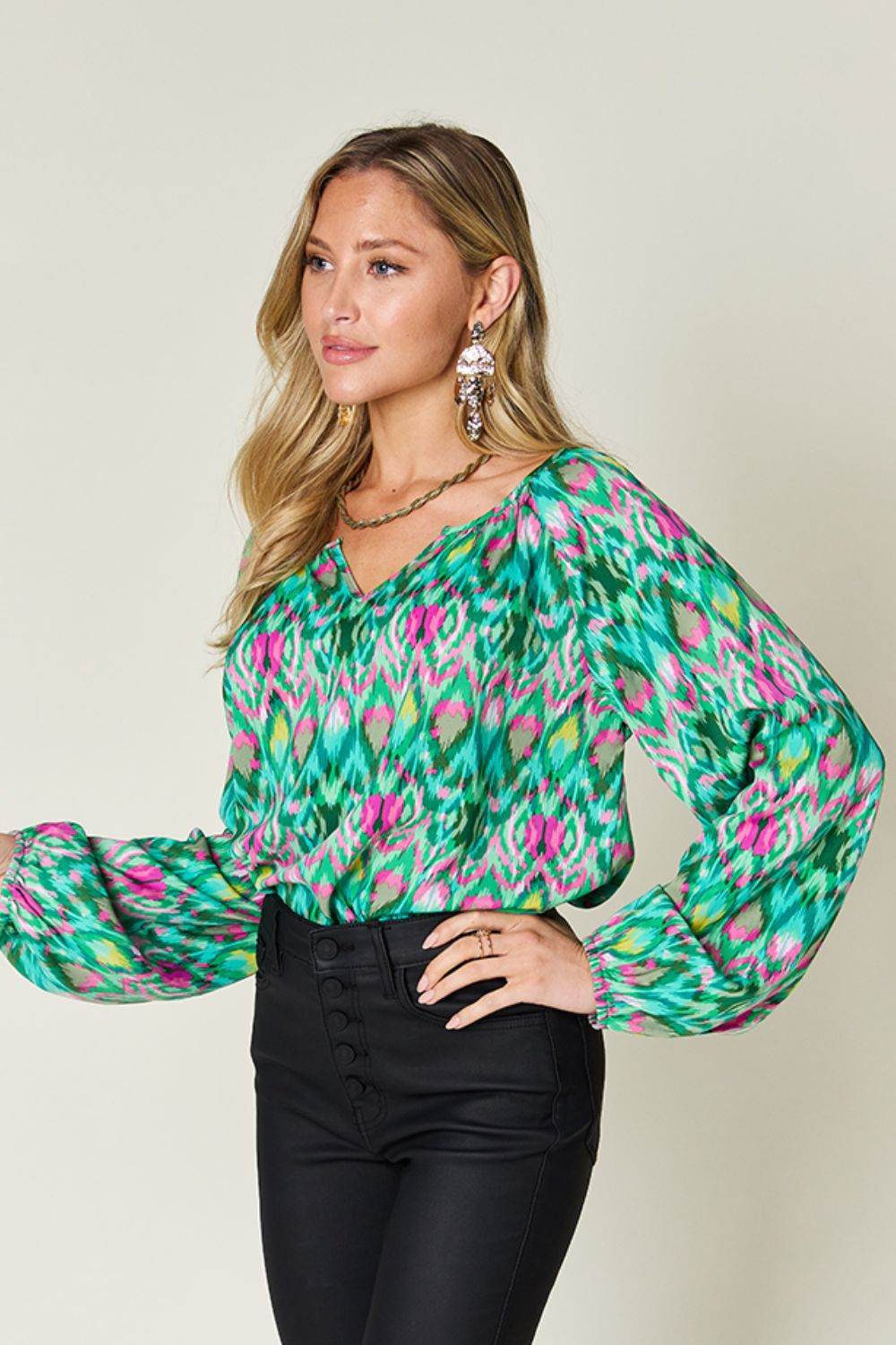 Double Take Full Size Printed Balloon Sleeve Blouse - Hovatok