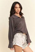 Davi & Dani Drawstring Hem Half Zip Raglan Sleeve Sweatshirt - Hovatok
