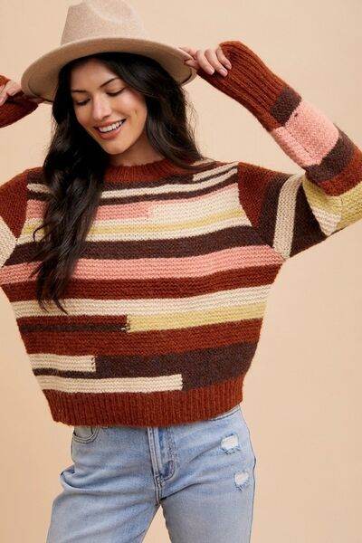 Annie Wear Color Block Round Neck Long Sleeve Sweater - Hovatok
