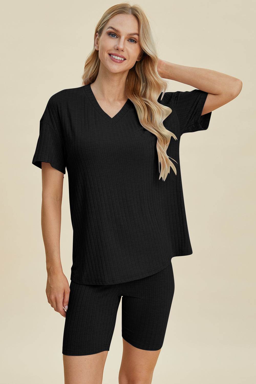 Basic Bae Full Size Ribbed V-Neck Short Sleeve Top and Shorts Set - Hovatok