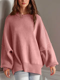 Double Take Side Slit Round Neck Long Sleeve Sweater - Hovatok