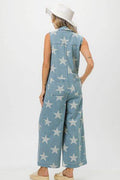 BiBi Star Print Half Zip Sleeveless Denim Jumpsuit - Hovatok
