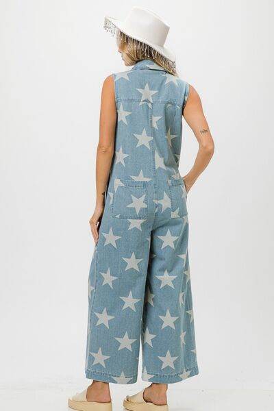 BiBi Star Print Half Zip Sleeveless Denim Jumpsuit - Hovatok