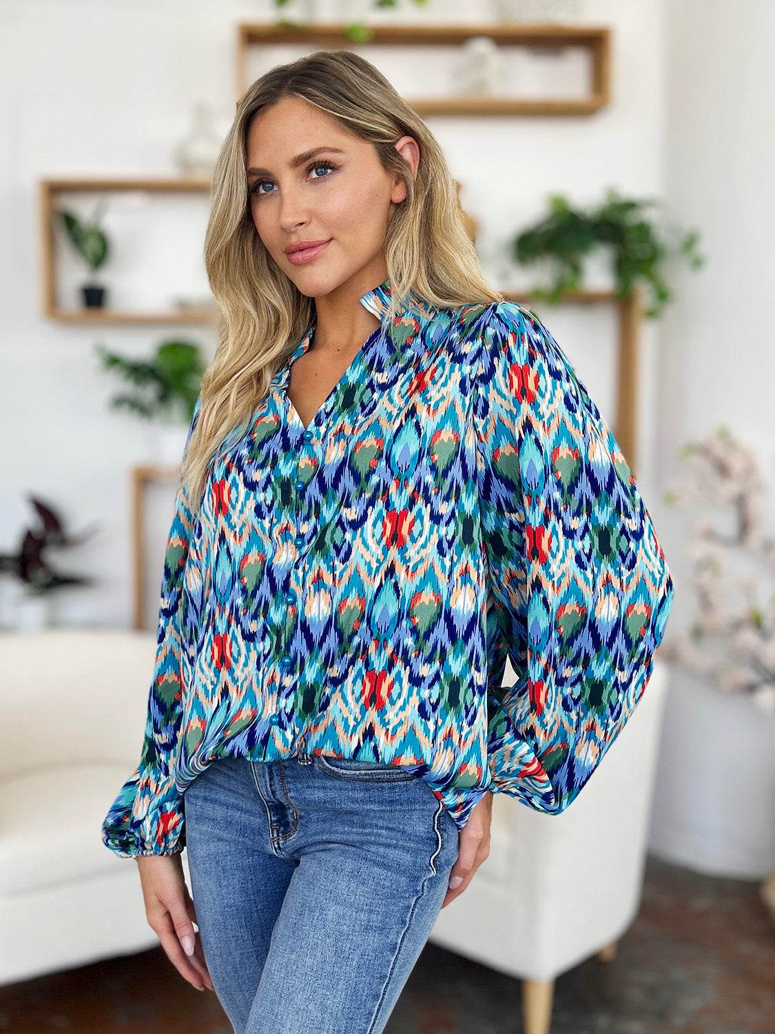 Double Take Full Size Printed Balloon Sleeve Blouse - Hovatok