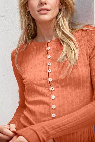 Basic Bae Texture Button Up Round Neck Long Sleeve Top - Hovatok