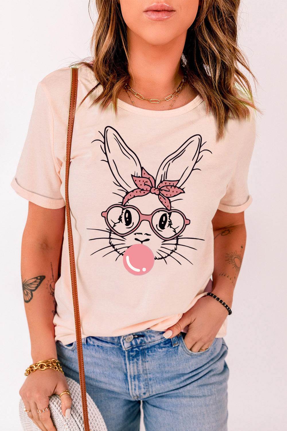 Rabbit Graphic Round Neck Short Sleeve T-Shirt - Hovatok