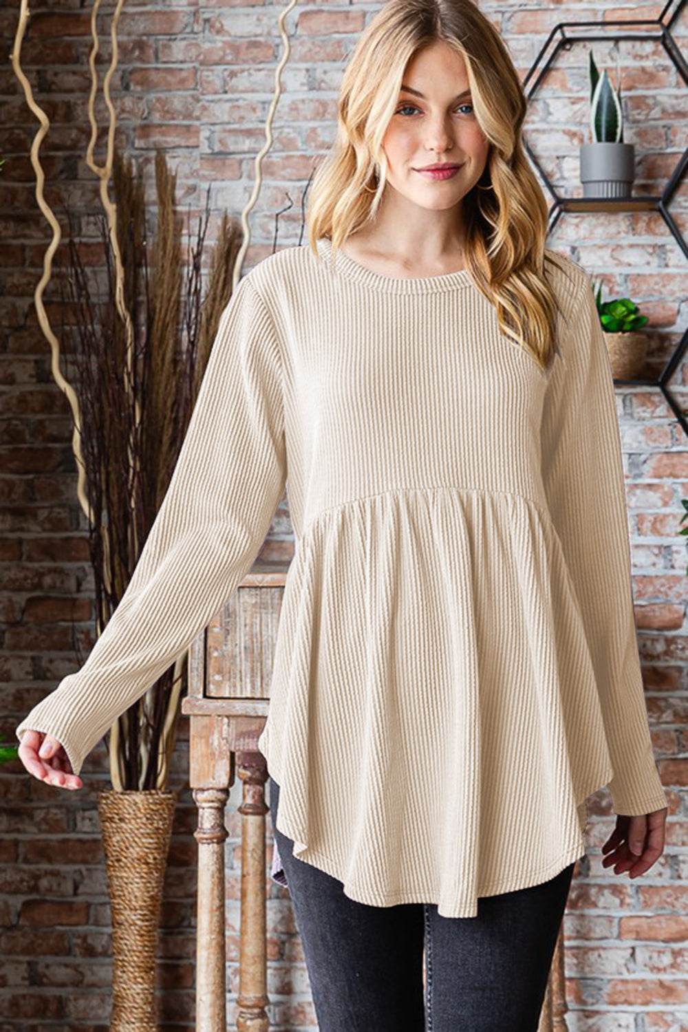 Heimish Full Size Round Neck Long Sleeve Ribbed Babydoll Top - Hovatok