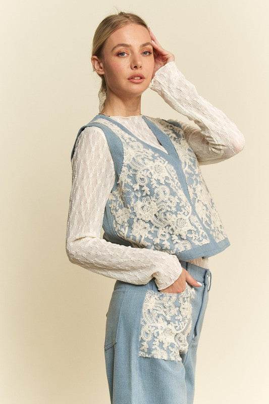 Davi & Dani Lace Patch Open Front Denim Vest - Hovatok