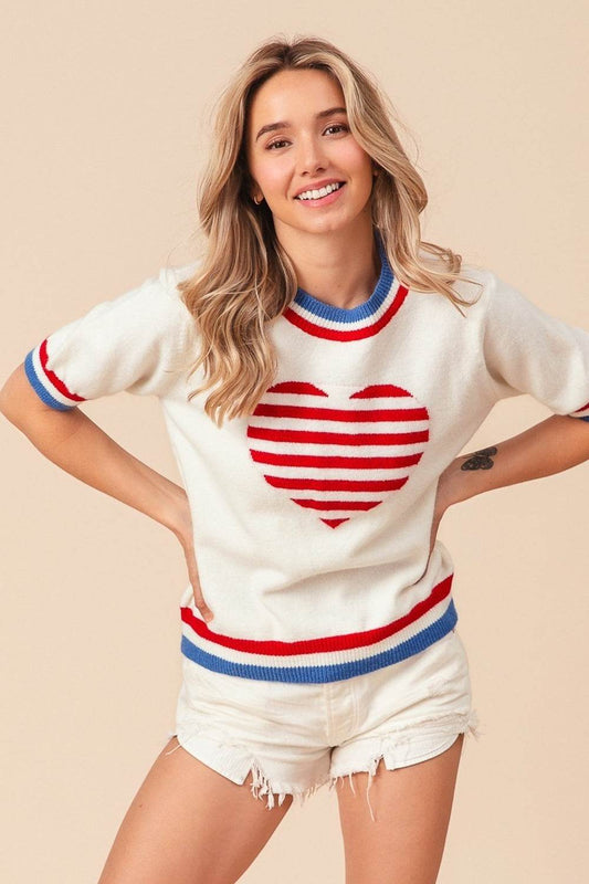 BiBi US Flag Theme Striped Heart Sweater - Hovatok