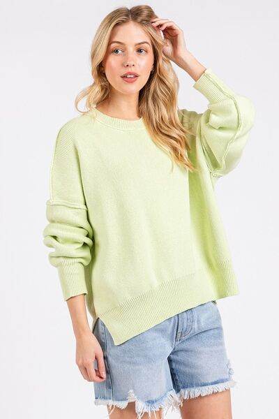 Mittoshop Side Slit Round Neck Drop Shoulder Sweater - Hovatok