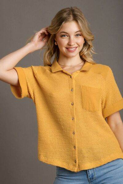 Umgee Full Size Waffle-Knit Short Sleeve Button Down Shirt Plus Size - Hovatok