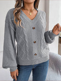 Cable-Knit Buttoned V-Neck Sweater - Hovatok