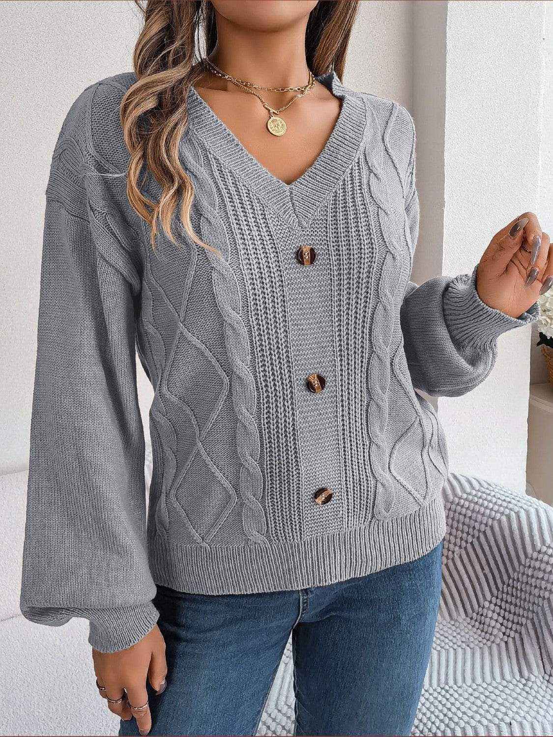 Cable-Knit Buttoned V-Neck Sweater - Hovatok