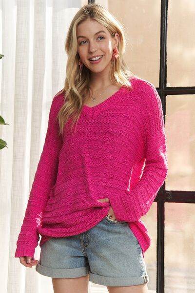 ADORA V-Neck Drop Shoulder Long Sleeve Sweater - Hovatok