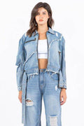 American Bazi Full Size Distressed Frayed Edge Zip Up Denim Jacket Plus Size - Hovatok