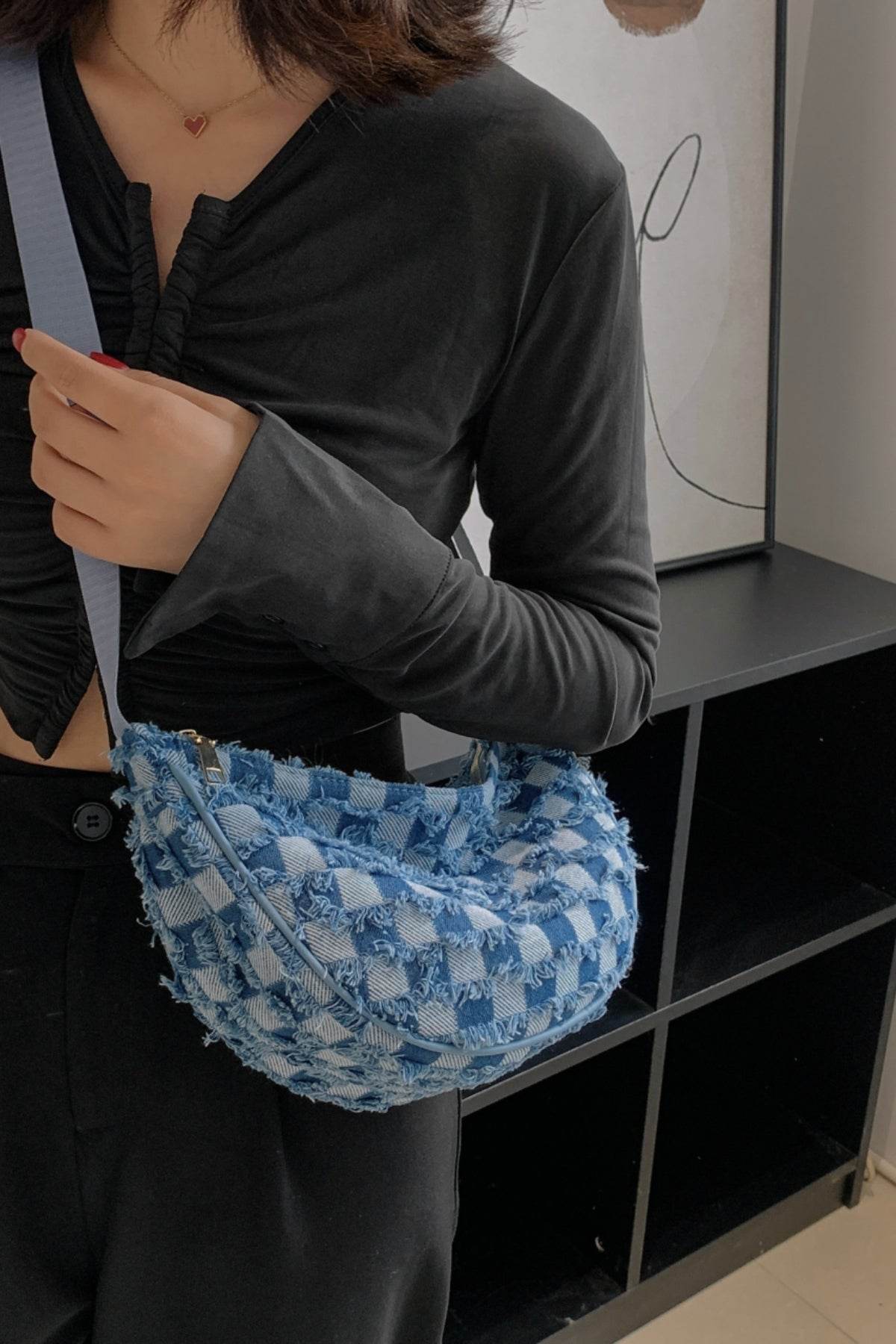 Raw Hem Checkered Denim Crossbody Bag - Hovatok