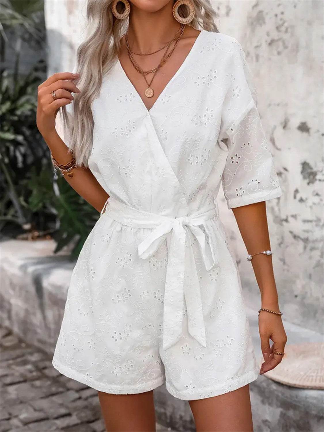 Tied Front Eyelet Romper - Hovatok