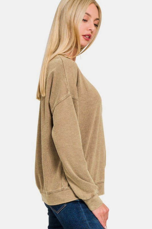 Zenana Washed Round Neck Dropped Shoulder Sweatshirt - Hovatok