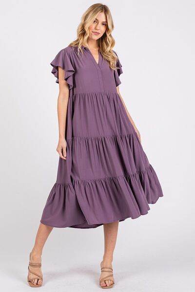Mittoshop Ruffle Sleeve Collared V Neck Tiered Midi Dress - Hovatok