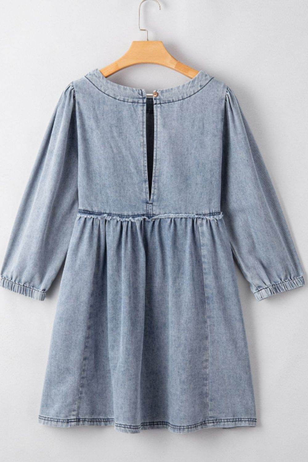 Cutout Round Neck Balloon Sleeve Denim Dress - Hovatok
