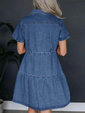 Pocketed Button Up Collared Neck Short Sleeve Denim Dress - Hovatok