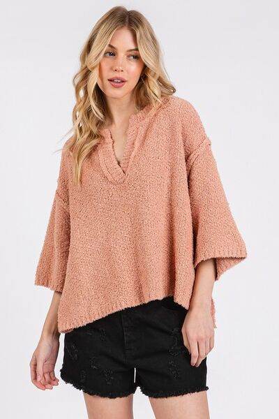 Mittoshop Side Slit Notched Drop Shoulder Sweater - Hovatok