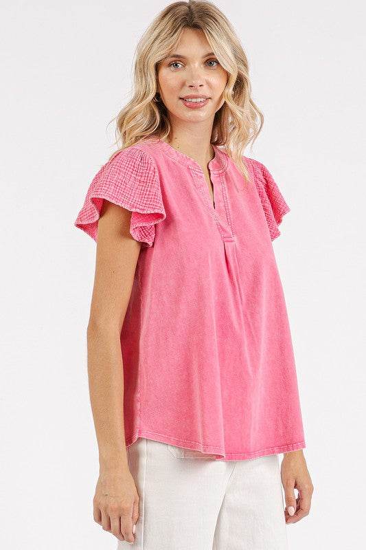 Mittoshop Mix Media Ruffle Short Sleeve Mineral Wash Top - Hovatok