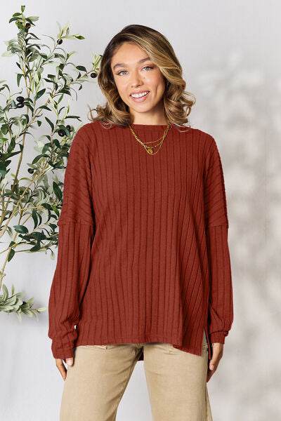 Basic Bae Full Size Ribbed Round Neck Slit Knit Top - Hovatok