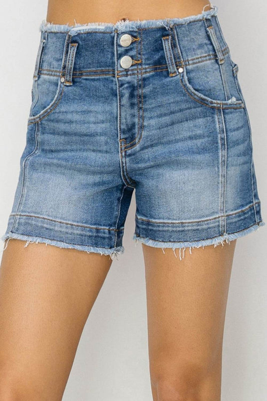 RISEN High Rise Seam Detailed Raw Edge Denim Shorts - Hovatok