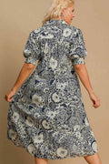 Umgee Full Size Printed Smocked Cuff Puff Sleeve Midi Dress Plus Size - Hovatok