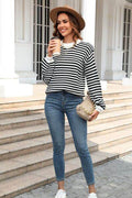 Angel Wings Striped Round Neck Dropped Shoulder Sweater - Hovatok
