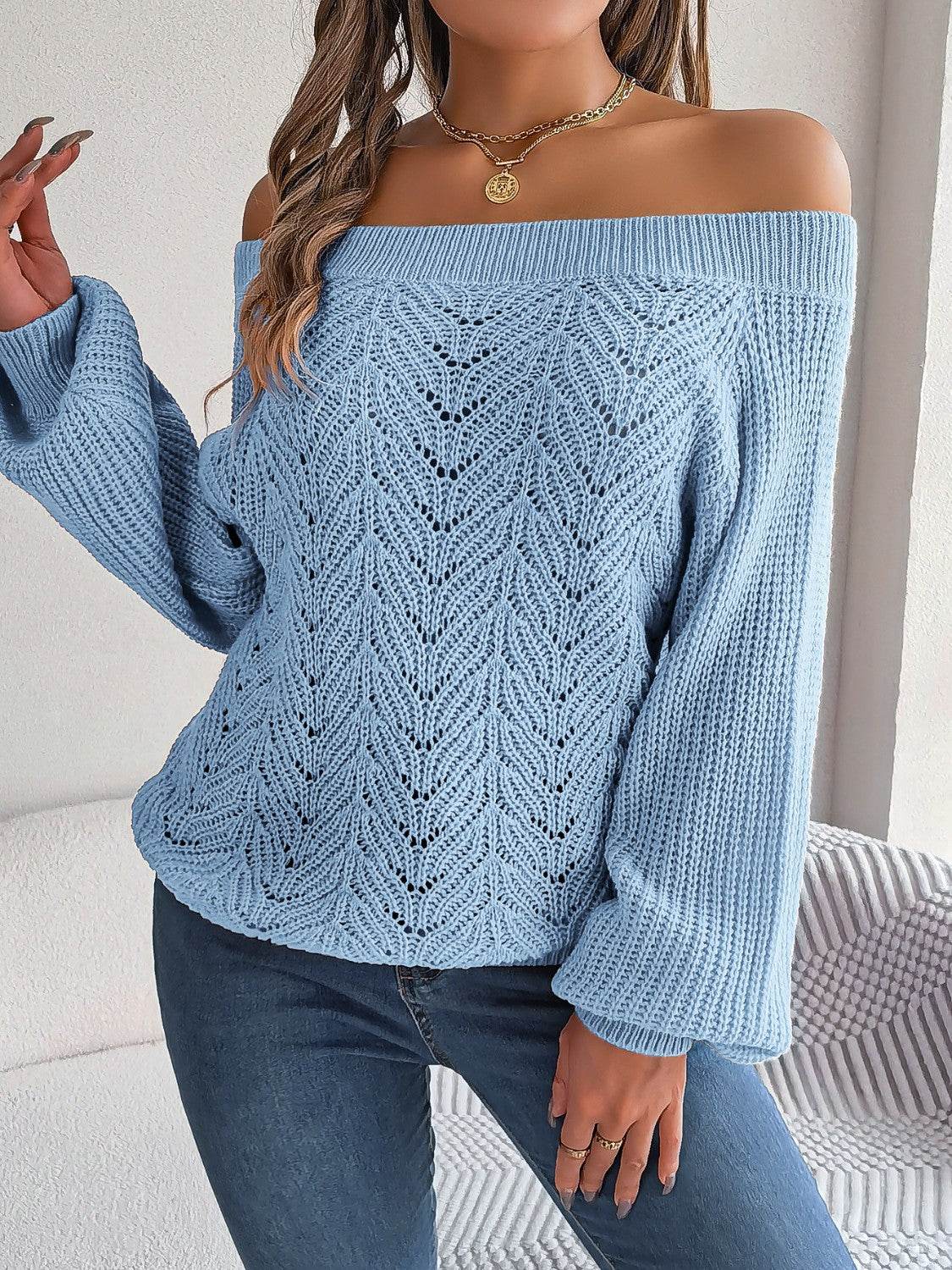 Openwork Off-Shoulder Long Sleeve Sweater - Hovatok