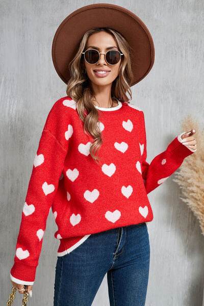 Angel Wings Contrast Trim Heart Round Neck Sweater - Hovatok