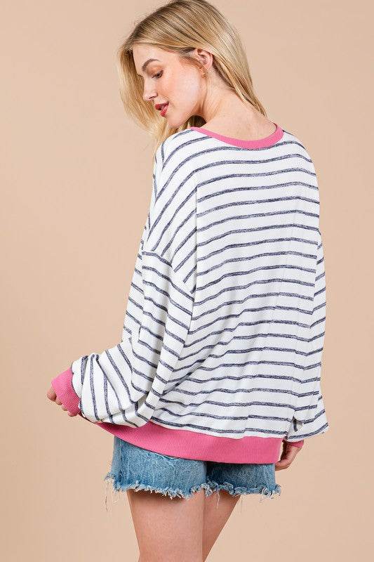 Ces Femme Striped Round Neck Drop Shoulder Sweatshirt - Hovatok
