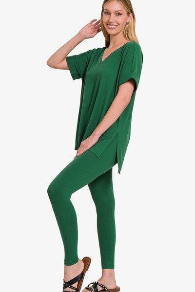 Zenana V-Neck Rolled Short Sleeve T-Shirt and Leggings Lounge Set - Hovatok