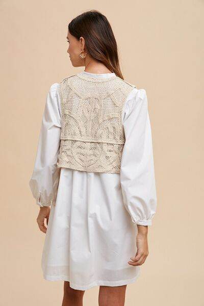 Annie Wear Crochet Vest Notched Long Sleeve Shirt Dress - Hovatok