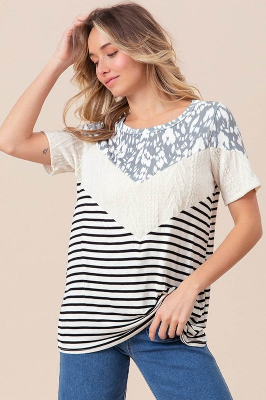 BiBi Printed Color Block Short Sleeve T-Shirt - Hovatok