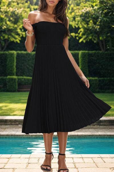 Perfee Pleated Off-Shoulder Midi Dress - Hovatok