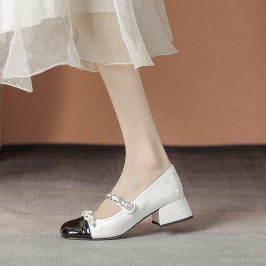 Contrast Square Toe Block Heel Mary Jane shoes - Hovatok