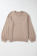 Plus Size Pearl Detail Round Neck Long Sleeve Sweater - Hovatok