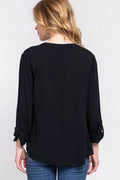 ACTIVE BASIC Full Size Notched Long Sleeve Woven Top - Hovatok