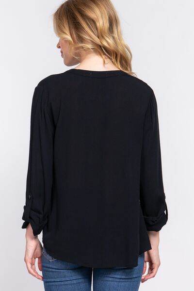 ACTIVE BASIC Full Size Notched Long Sleeve Woven Top - Hovatok