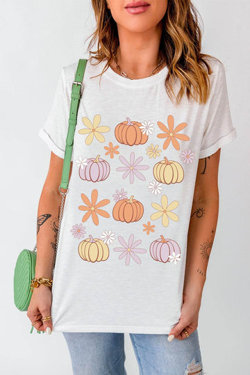 Pumpkin & Flower Round Neck Short Sleeve T-Shirt - Hovatok