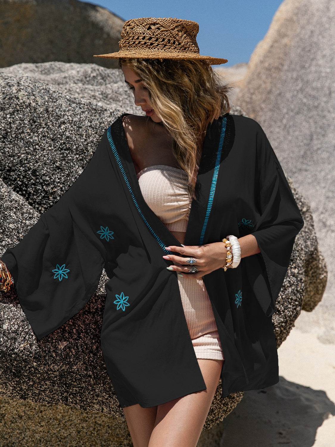Embroidered Open Front Long Sleeve Cover Up - Hovatok
