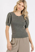 Mittoshop Mineral Wash Puff Sleeve Rib Knit Top - Hovatok
